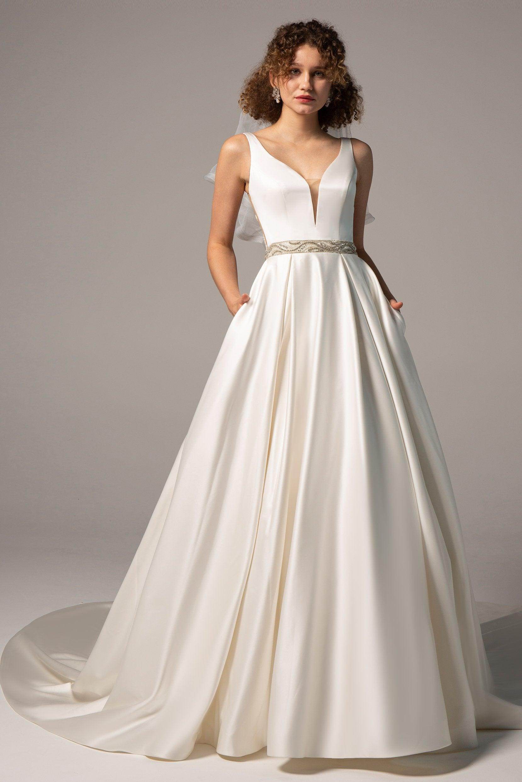 A-Line Chapel Train Satin Wedding Dress CW2364 - COCOMELODY